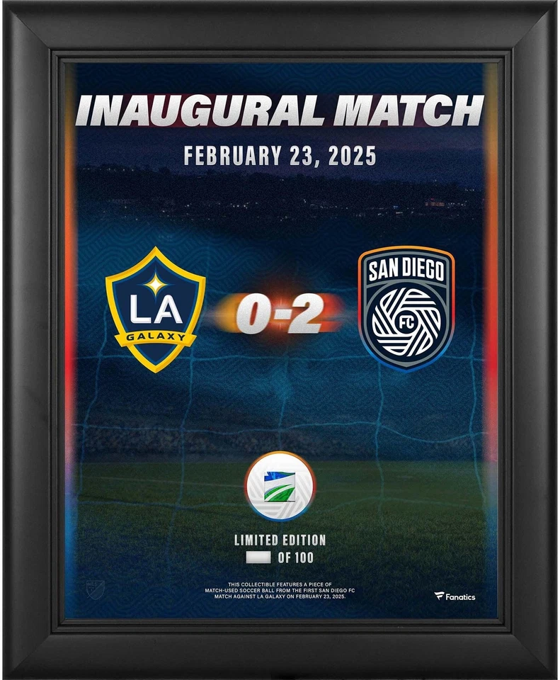 San Diego FC 2025 Partido Inaugural vs Galaxy Enmarcado 13x16 Collage con Pelota - LE 100 Foto 1 de 1