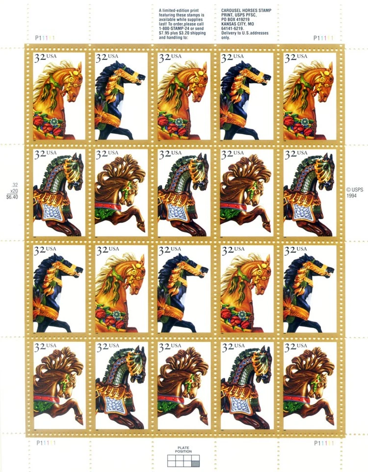 États-Unis. Chevaux en bois des manèges 1995. Mini feuille. - Photo 1/1