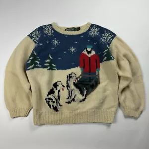 Vintage American Eagle Hand Knit Shetland Wool Sled Dogs Sweater Size Medium Vtg - Picture 1 of 10