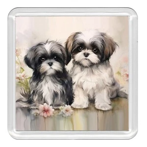 Shih Tzu Pups & Flowers Dog Acrylic Coaster Novelty Drink Cup Mat Great Gift - Foto 1 di 1