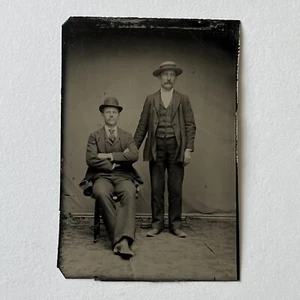 Antique Tintype Photograph Men Boater Bowler Hat Photo Stand Fall River MA - Picture 1 of 9