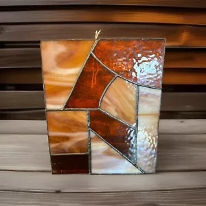 Vtg Homemade Colorful Hanging Stained Glass Orange Brown Cream Colors 12”x 9” - Picture 1 of 10