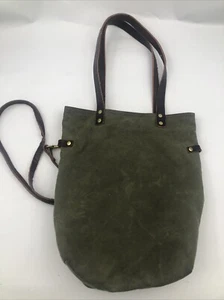 Ellie Jane Camo Green Waxed Canvas & Leather Purse Tote Bag Handmade In USA - Picture 1 of 8
