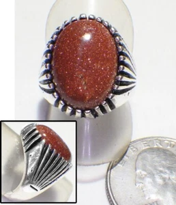 Striking Goldstone Copper Glitter Glass Ring Ridged Silvertone Setting 7.25 New - Picture 1 of 3
