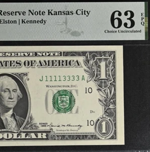 1969 $1 Federal Reserve Note - PMG 63EPQ - Double Quad Serial Number 11113333 - Picture 1 of 3