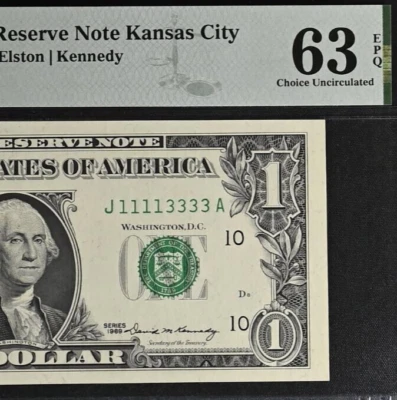 1969 $1 Federal Reserve Note - PMG 63EPQ - Double Quad Serial Number 11113333 - Image 1 of 3