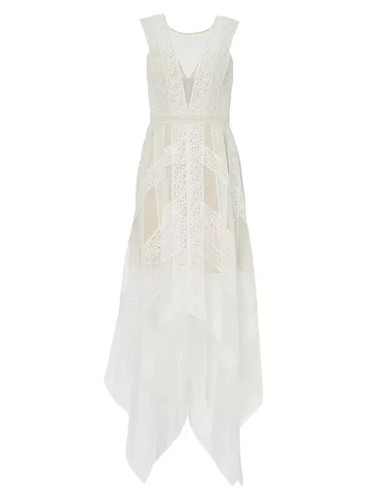 OFF WHITE Abito trasparente nuovo con etichette BCBG MaxAzria Andi in pizzo bianco sporco orlo a fazzoletto 10