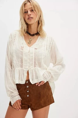 Blusa Free People Elodie Marfil Cuello en V Manga Globo Buttondown Pintuck Top S Foto 1 de 4