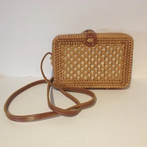 Wicker Rattan Woven Purse Crossbody Leather Strap Rectangle Natural Hippie Boho - Picture 1 of 15