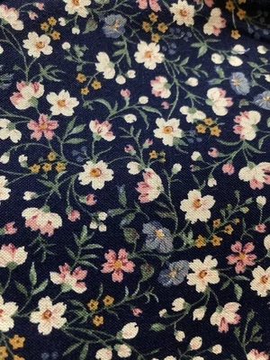 White Flowers Greenery on Navy Blue VTG Concord Fabric 2 Pieces 18x44" 8x44" - Image 1 of 3