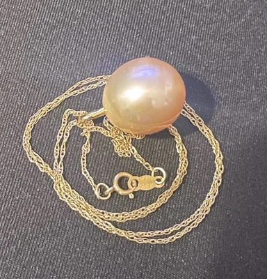 Dainty 14k Gold 17” Chain 14mm Huge Pink Solitaire Pearl 14k Necklace Lot No Res - Image 1 of 4