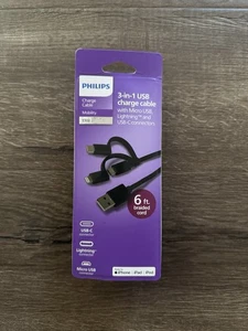 Philips 3-in-1 USB Black Charging Cable - 6 ft - Brand New - Picture 1 of 2