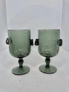 HTF 2pcs Vintage MCM Blenko Glass Pre Catalog Goblets Charcoal Crackle W/blob - Picture 1 of 5