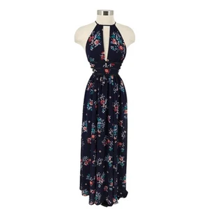 Express Maxi Dress Navy Floral Sleeveless Keyhole Halter Cutout Waist Womens XS - Picture 1 of 11