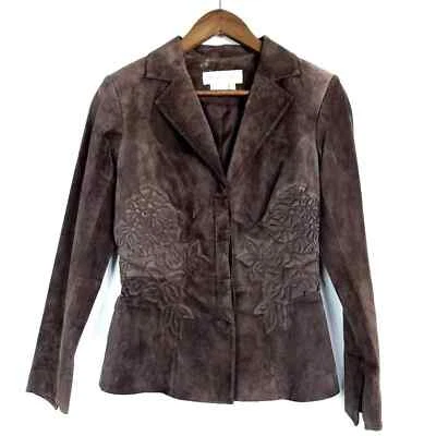 Chaqueta Margaret Godfrey Marrón Gamuza Genuina Cuero Floral Bordada Talla PP Foto 1 de 4