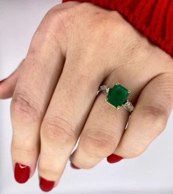 Ring IN Platin Ed Gold mit Diamanten Schnitt Baguette Smaragd Natürlich Brazil - Bild 1 von 4