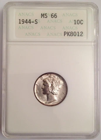 1944-S Mercury Silver Dime - ANACS MS 66 - Rare Gen 2 ANACS Slab, 32+ Years Old! Cover