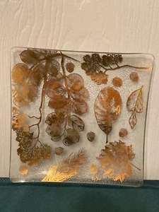 GAY FAD Bent Glass Dish MCM square 8.25" Textured Golden Foliage Acorns 60's - Picture 1 of 2