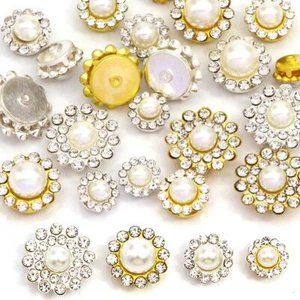 Glitter Crystal Pearl Button 20pcs Flat Back Flower Rhinestone Buttons Dress Kit - Picture 1 of 12