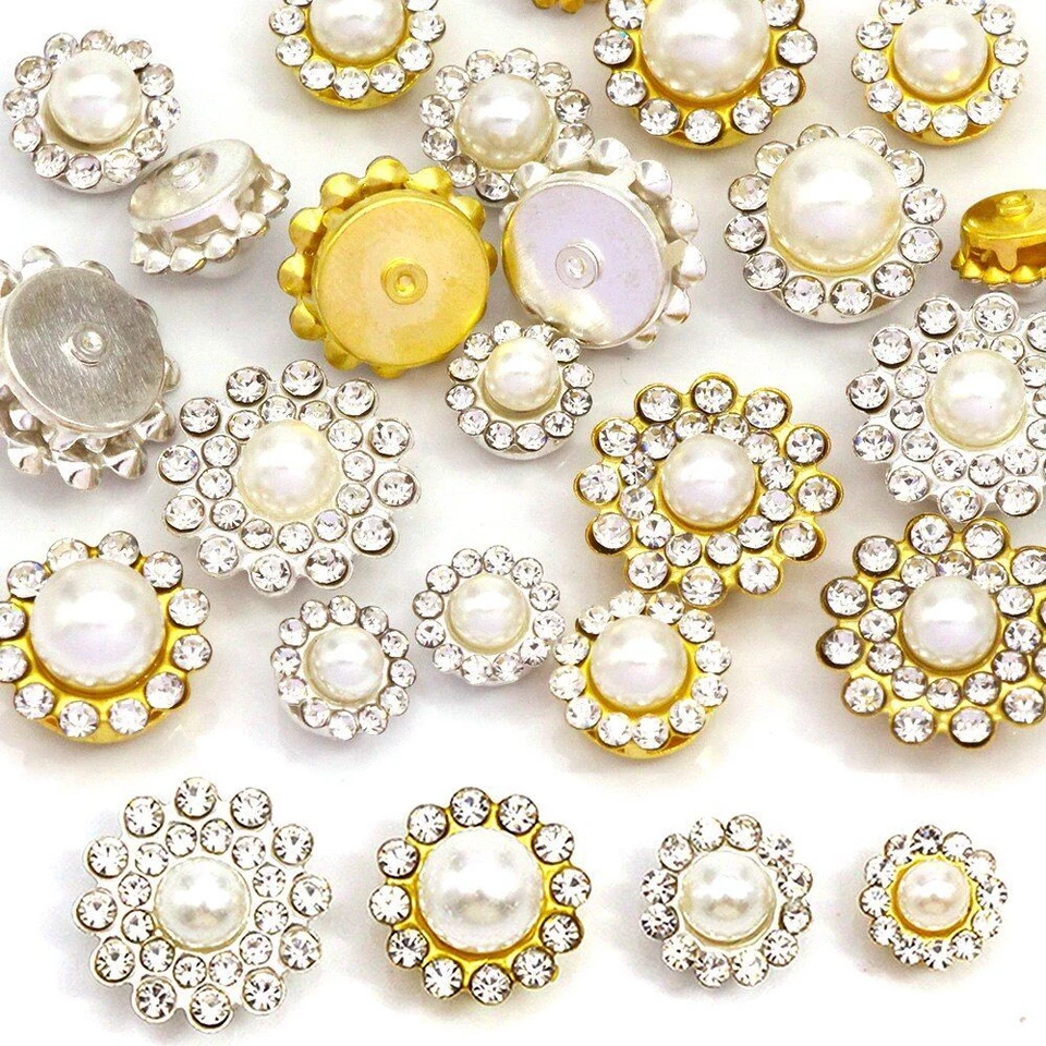 Glitter Crystal Pearl Button 20pcs Flat Back Flower Rhinestone Buttons Dress Kit - Image 1 of 4