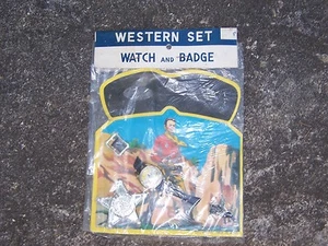Vintage Western Cowboy Toy Set 1950's Watch Badge and Mask Original Package - Picture 1 of 6