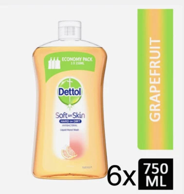 6 x DETTOL SOFT ON SKIN ANTIBAC FLÜSSIGE HANDWÄSCHE 750ml GRAPEFRUITMINE