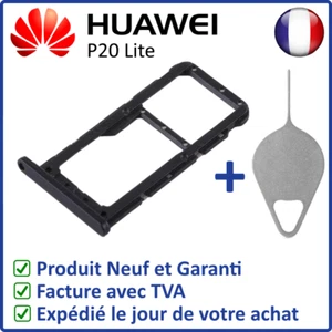TIROIR SUPPORT CARTE DOUBLE SIM MICROSD DU HUAWEI P20 LITE NOIR + OUTIL - Photo 1 sur 4