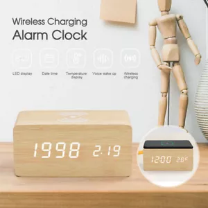 Digital Alarm Clock Wooden Table Desk Bedside LED Clock With Wireless Charger AU - Picture 1 of 14