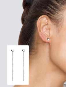 Silver Heart Shaped Dangle Chain Threader Love 925 Sterling Silver Earrings UK - Picture 1 of 12