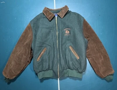 Vintage 80s Wool Suede Varsity Bomber Jacket Men's XL Made In USA Green Brown - Image 1 of 4