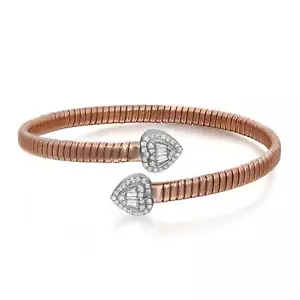 Baguette & Round Cut Diamond Bypass Heart Bangle Bracelet 14K Rose Gold 0.72Cttw - Picture 1 of 4