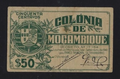 Portugal Portuguese Mozambique 50 CENTAVOS 1941 P-80 XF VERY RARE SIGNATURE - Image 1 of 2