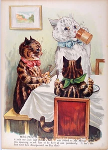 RARE LARGE ANTIQUE LOUIS WAIN COMICAL CATS LATE DINNER c1902 COLOURED - Picture 1 of 1