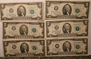 6 Two Dollar Notes 4- 1976, 1- 1995 And 1- 2003 Crisp - Picture 1 of 6