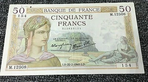 1940 FRENCH 50 Francs Banque De France Cinquante Francs LD.22-2-1940.LD - Picture 1 of 5