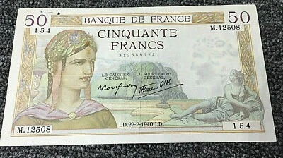 1940 FRENCH 50 Francs Banque De France Cinquante Francs LD.22-2-1940.LD - Image 1 of 4