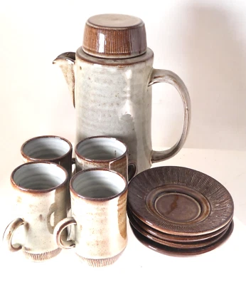 Creigiau Art Pottery Vintage Welsh Handmade Coffee Set Beige Brown - Image 1 of 4