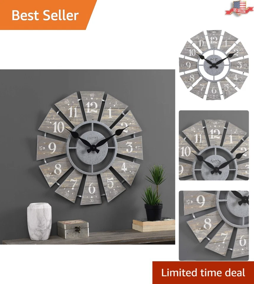 Large Gray Numeral Windmill Wall Clock - Farmhouse Vintage Decor - 24 Inches - Image 1 of 4