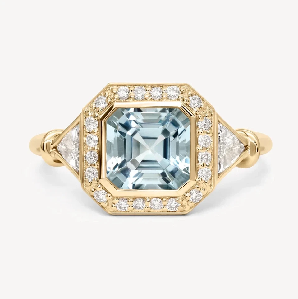 4Ct Asscher Cut Simulated Aquamarine/CZ Women Fancy Ring 14K Yellow Gold Plated - Image 1 of 4