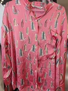 Zara Women's Hot Pink City Lights Print Satin Blouse Shirt Size M Top - Picture 1 of 9
