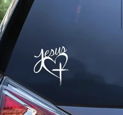 Jesus Love Heart Cross Sticker - Religious Christian Vinyl Decal for car truck  - Image 1 of 2