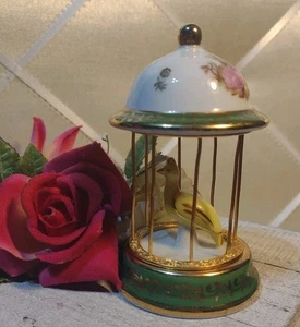 Vintage Limoges France Pink Roses & Gold Hand Painted Bird In Cage Figurine - Picture 1 of 6