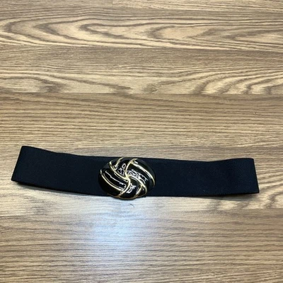 DAY-LOR Black Wide Stretch Elastic Belt W/Gold Tone Buckle, Vintage 1980’s - Image 1 of 4