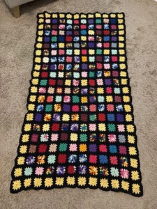 Granny Square Afghan Crochet Blanket Throw 36” X 67” Black Colorful VTG Handmade - Picture 1 of 2