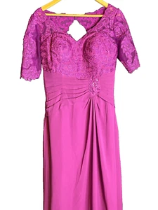NWT Lace Mother Of The Bride Groom Long Dress Full Length Magenta Half Sleeve 12 - Picture 1 of 10