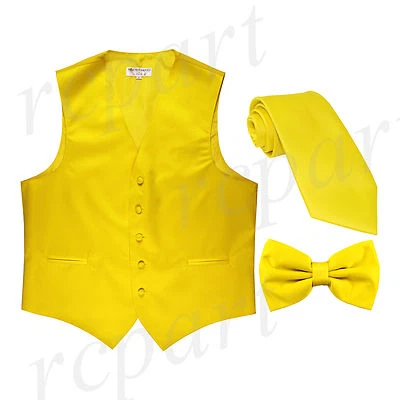 New Men's Solid Tuxedo Vest Waistcoat Necktie & Bowtie Set Party Prom Yellow - Image 1 of 4