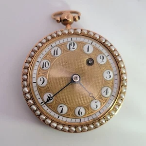 1800s REVEL French 18K Gold Pearls & Blue Enamel Ladies Verge Fusee Pocket Watch - Picture 1 of 12