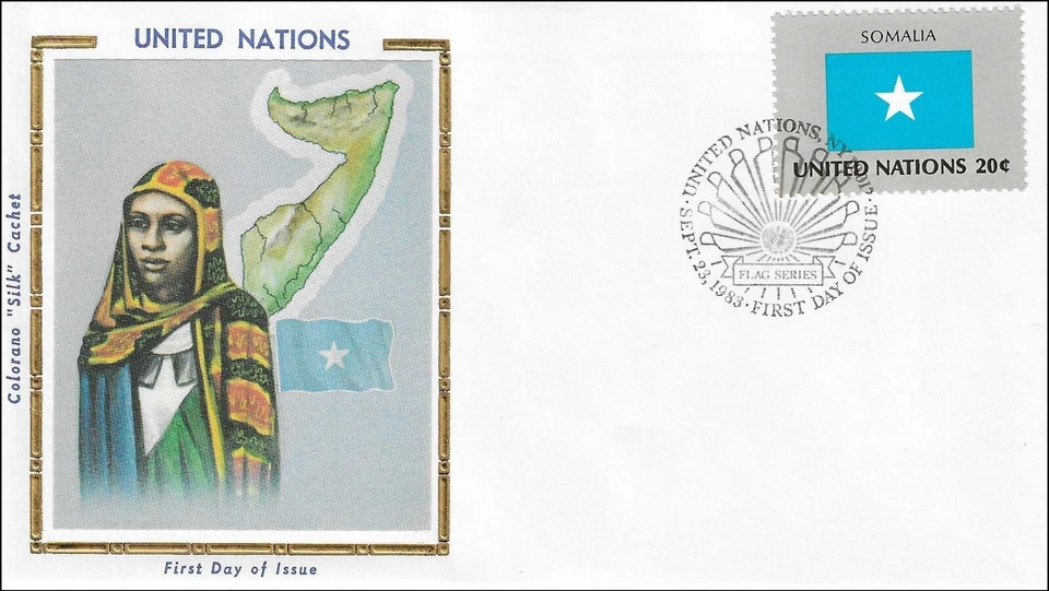 Vestido fantasia nacional da Somália mapa bandeira ONU ouro fólio seda FDC cachet 1983 - Imagem 1 de 1