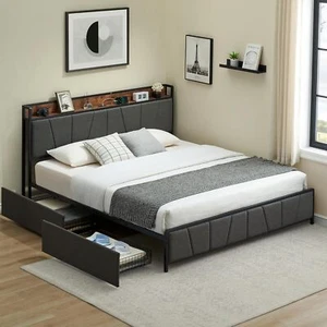 Twin Full Queen King Size Upholstered Platform Bed Frame w/ Drawer & Headboard - Picture 1 of 13