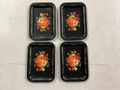 Vintage Lot of 4 Miniature Rectangular Tin Trays Black Floral Decorative Design - Image 1 of 4